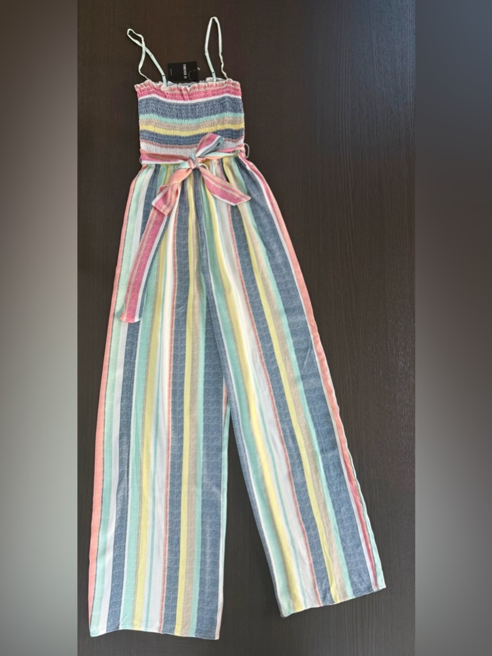 Striped Multi-Color Smocked Jumpsuit with Waist Tie